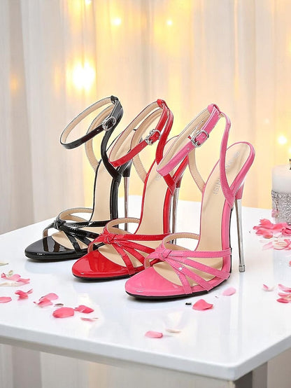 Heels Strappy Red Leather - Patent Knot Stiletto Women's FashionChic