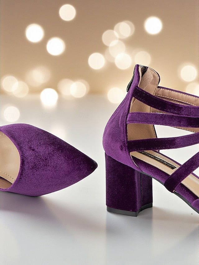 Block Heel Pumps Blue with Women's Velvet Toe Pointed FashionChic