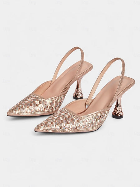 Geometric with Gold Women's Slingback Rhinestone Rose Heels FashionChic