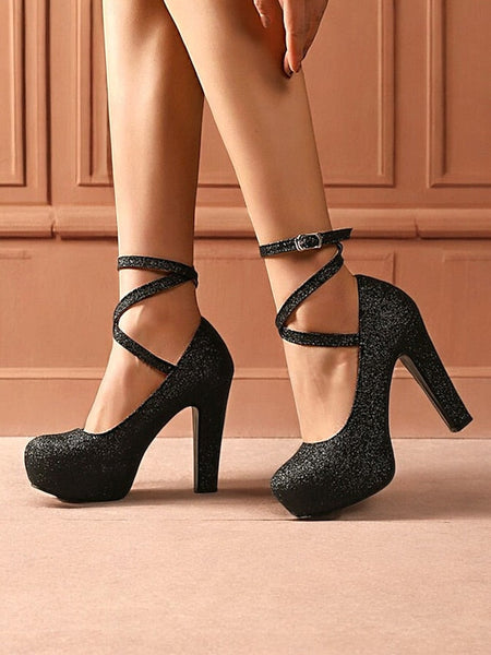 Ankle Glitter Heels Platform – Pink Women's with Strap FashionChic