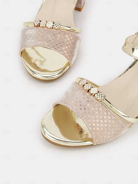 – Gold for Sandals Heel Block Rhinestone-Embellished Women FashionChic