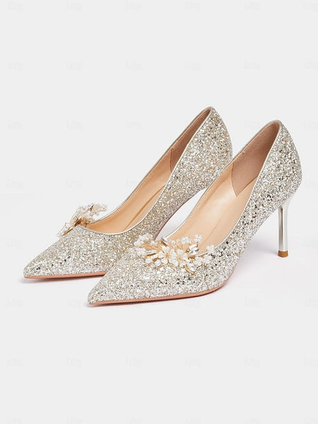 with Women's Glitter Floral Heels Silver Stiletto FashionChic