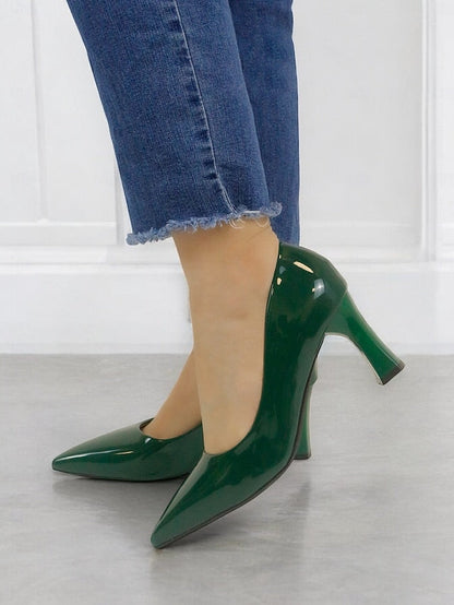Pointed-Toe Glossy Patent Leather Heel Green Pumps Faux Block FashionChic