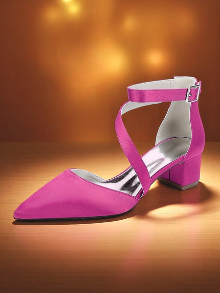 Women's Champagne Pointed Block Heels Satin Toe - FashionChic