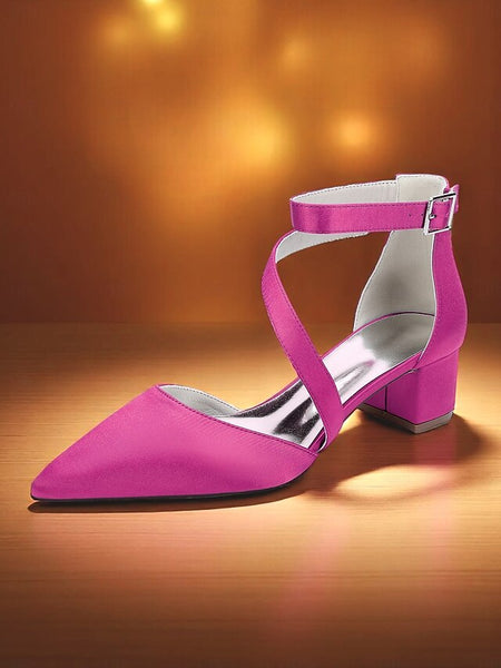 Toe Heels Champagne Women's - Block Satin Pointed FashionChic