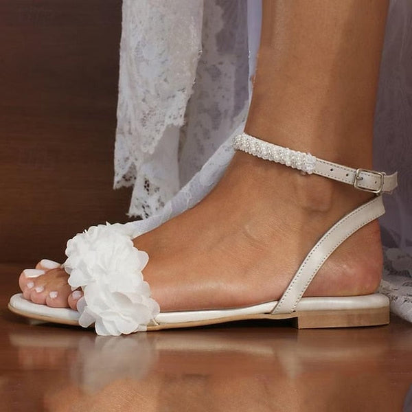 Women's Sandals Heel Lace White Daily Flat Shoes Wedding FashionChic