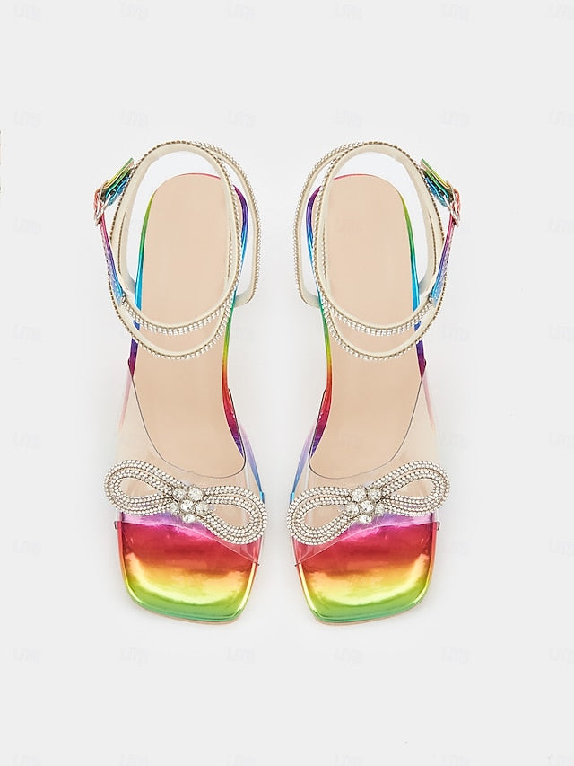 Rainbow Heels Colorful Detail - Heel with Bow Clear High Crystal FashionChic