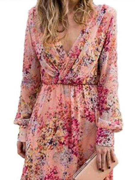 Women's Swing Dress Maxi long Dress Pink Long Sleeve Floral