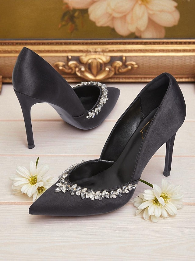 Heels Pointed Embellishment with Satin Crystal Women's Toe FashionChic