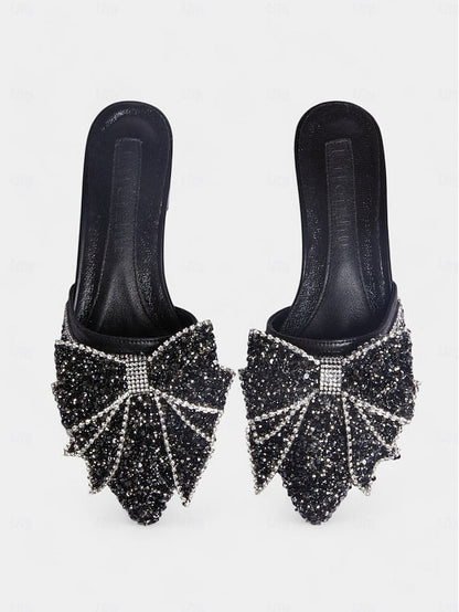 and Parties for Perfect Black Flat – Rhinestone-Bow Mules FashionChic