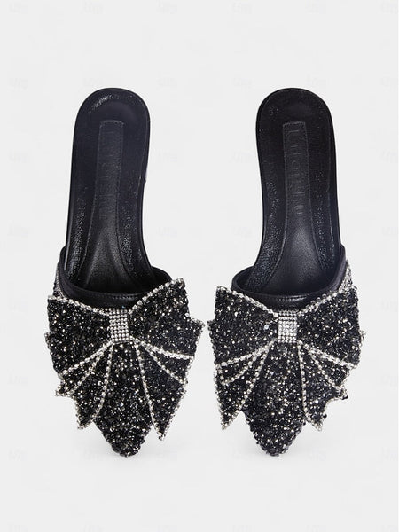 and Parties for Perfect Black Flat – Rhinestone-Bow Mules FashionChic