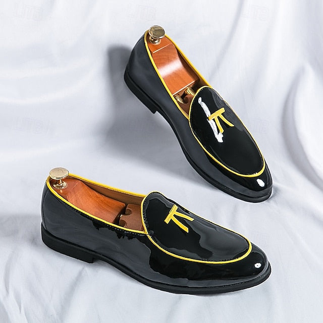 with Leather Patent Yellow Black Faux Men's Loafers Trim FashionChic