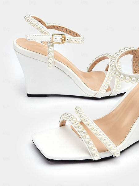 Pearl-Embellished Elegant Heels – Open-Toe Wedge Women's FashionChic