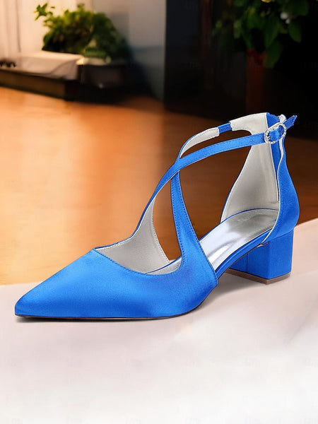 Women's Block Satin Pointed - Heels Ivory Elegant Toe FashionChic