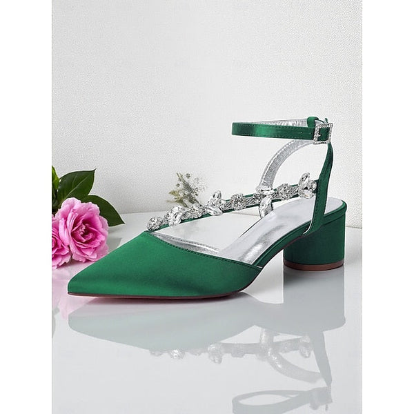 Purple Heel Pumps Women's Satin Block with Rhinestone FashionChic