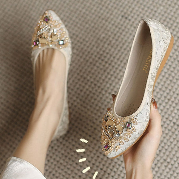 Crystal Flats Embellished Women's Wedding Floral Foldable - FashionChic