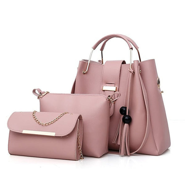 Leather Women's Set Tote 3-Piece Pink Faux - Handbag FashionChic