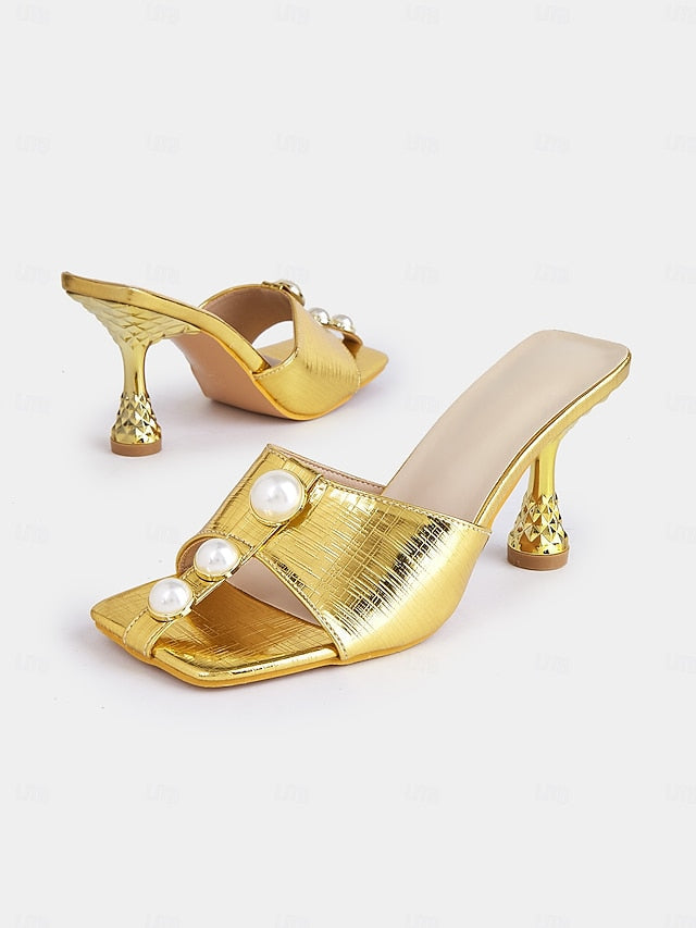 with Mules Women for Pearl Elegant – Gold Detailing Open-Toe FashionChic