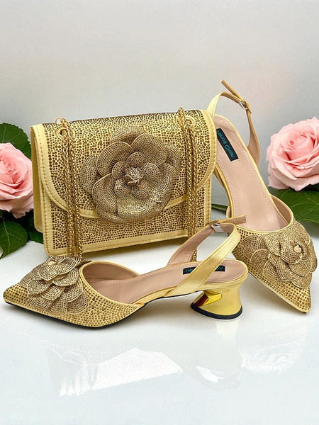 Rhinestone Women's Slingback Pumps with Matching Gold FashionChic