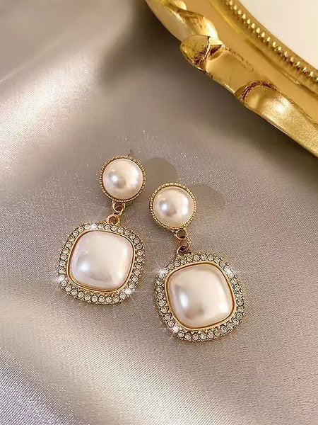 Elegant Gold-Plated Rhinestone Detailing Pearl Earrings with – FashionChic