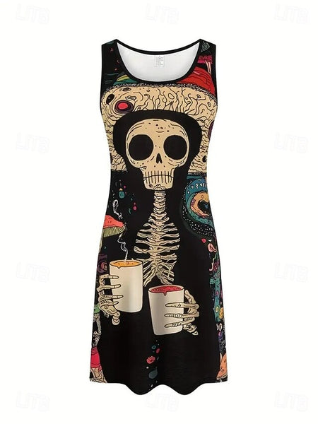 skeleton Women's Skulls Print Mini Dress A Line Dress