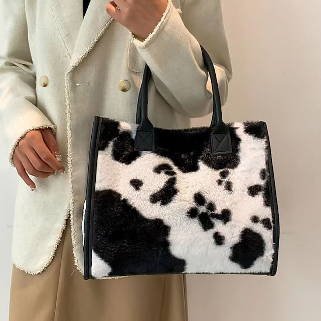 Tote Bag with Leather Faux Leopard Print Brown Women's Fur FashionChic