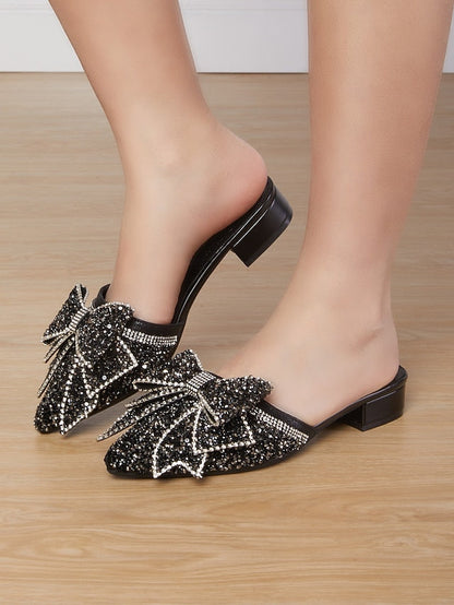 and Parties for Perfect Black Flat – Rhinestone-Bow Mules FashionChic