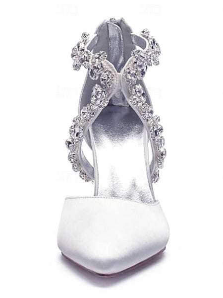 Heels Elegant Women's Satin White Crystal – Strap Pointed FashionChic
