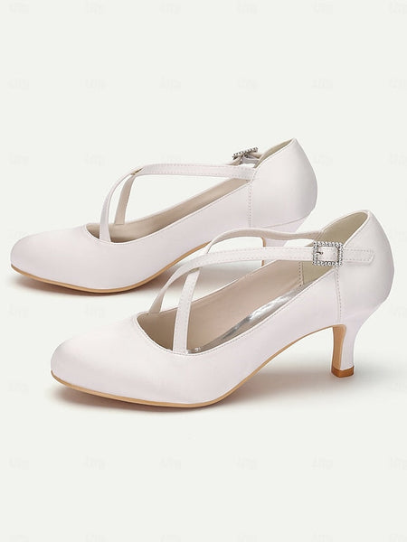 Elegant Buckle White Satin Cross-Strap Heels with – Rhinestone FashionChic