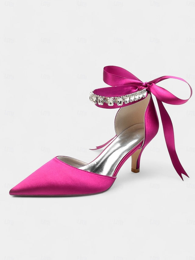 and Strap Blue Satin with Rhinestone Pointed-Kitten Ankle Heels FashionChic