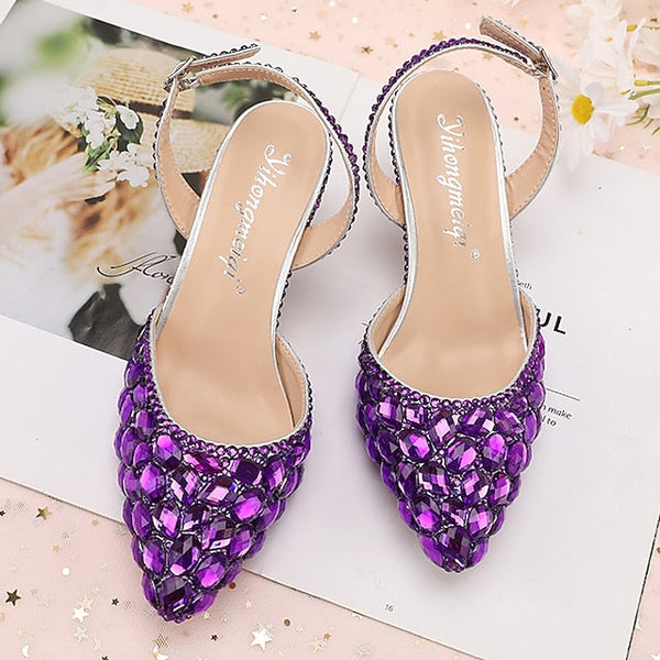 Heels Slingback Women's High Crystal Pointed-Toe Rhinestone FashionChic
