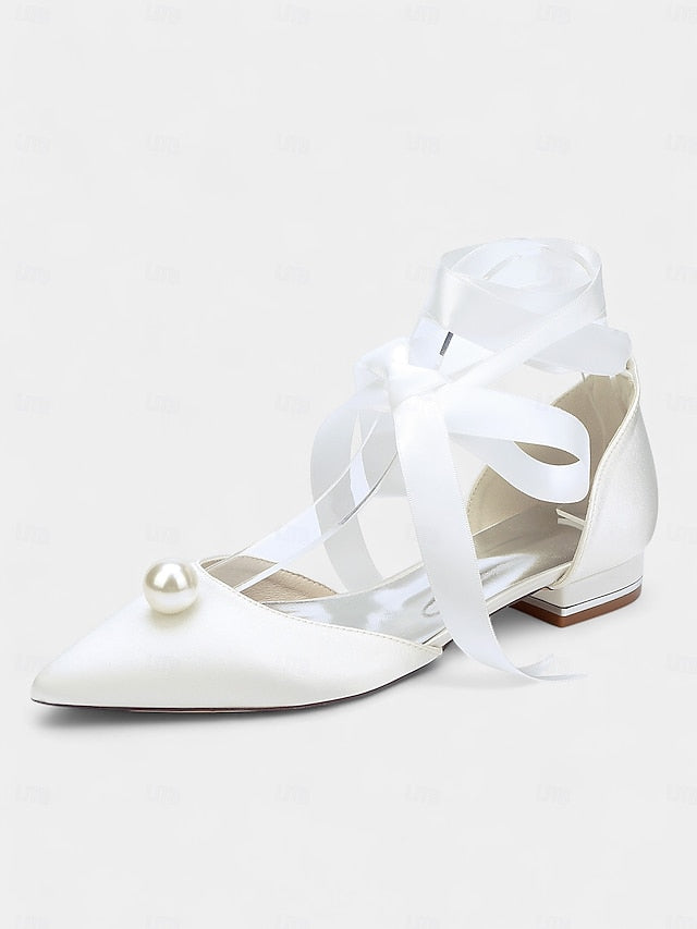 Women's Pearl Navy Toe - Satin Pointed Flats Embellished FashionChic