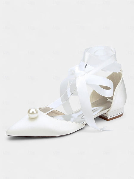 Women's Pearl Navy Toe - Satin Pointed Flats Embellished FashionChic