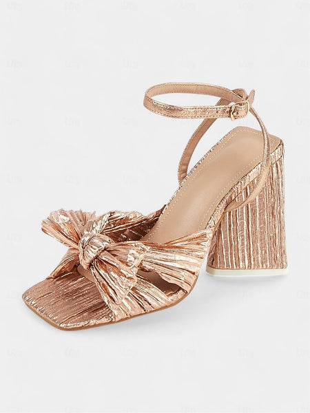 Gold Textured and Knot Heel with Sandals Detail Rose Block FashionChic