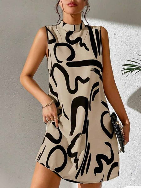 Women's Graphic Stand Collar Mini Dress Sleeveless Summer