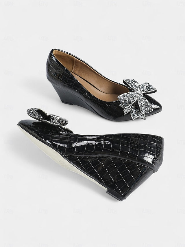 Glitter Bow Black Women's Leather Patent Heels with Wedge FashionChic