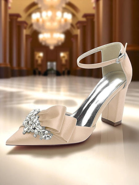 Block Crystal Pumps Bow Satin with Heel and Women's FashionChic