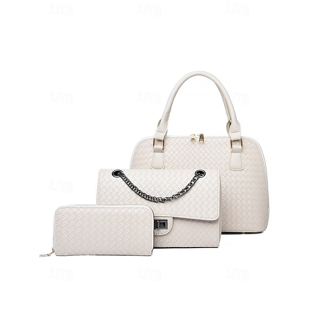 Handbag Set Brown Leather Women's Woven – 3-Piece Faux FashionChic