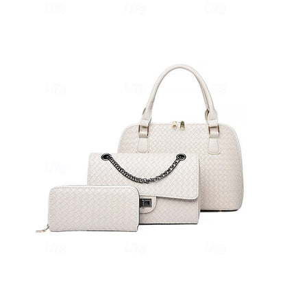 Handbag Set Brown Leather Women's Woven – 3-Piece Faux FashionChic