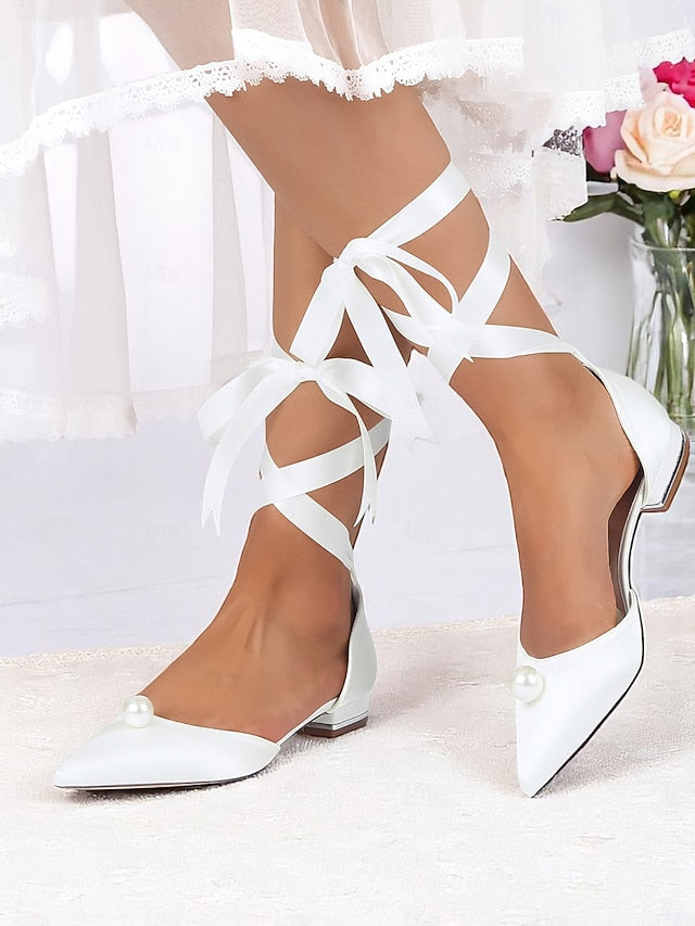 Women's Pearl Navy Toe - Satin Pointed Flats Embellished FashionChic