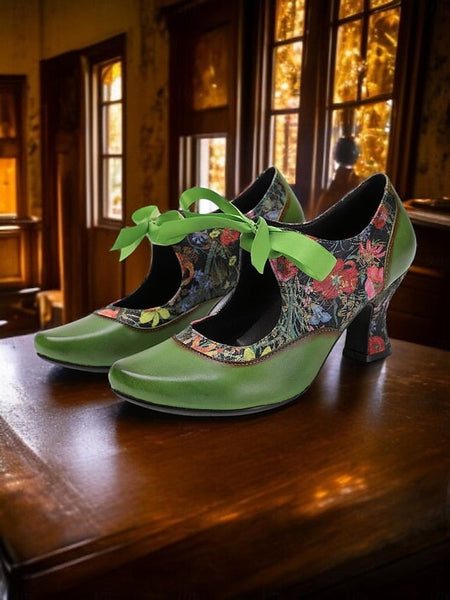 Mary Heels Green with Jane Women's Print Leather Floral FashionChic