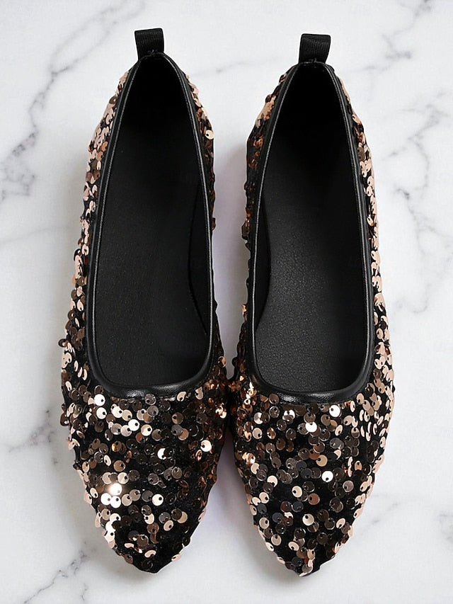 Flats Toe Women's Black Sequin Sparkly - Ballet Pointed FashionChic