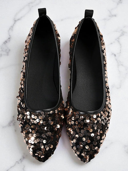 Flats Toe Women's Black Sequin Sparkly - Ballet Pointed FashionChic