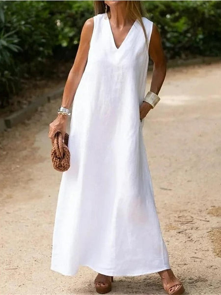Women's White Dress Cotton Linen Dress Maxi Dress Vacation FashionChic