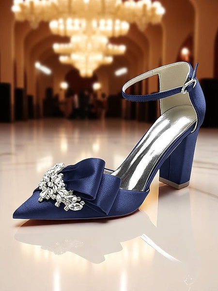 Block Crystal Pumps Bow Satin with Heel and Women's FashionChic