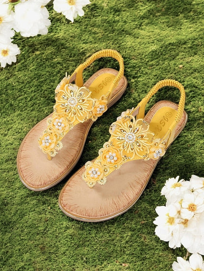 – Lace Women's Embellished Pink Floral Sandals T-Strap FashionChic