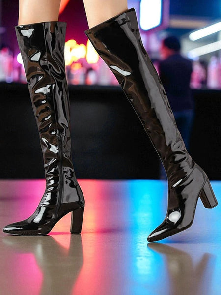 Boots Red Women's Knee Patent Leather Over the FashionChic