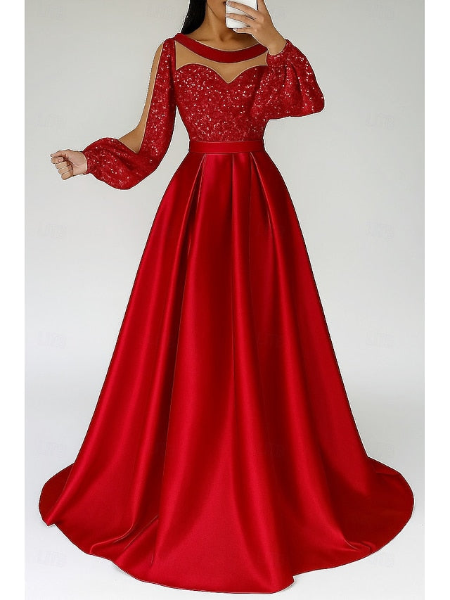 Elegant Evening Gown Black A-Line Sequined Red Dress Formal FashionChic
