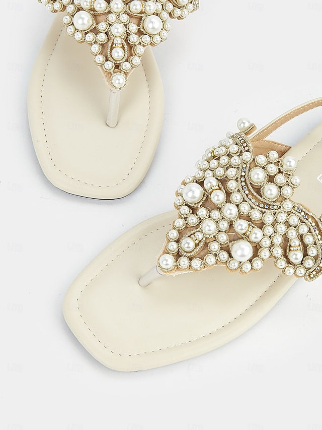 Sandals Pearl-Embellished Women's Elegant – T-Strap Flat FashionChic