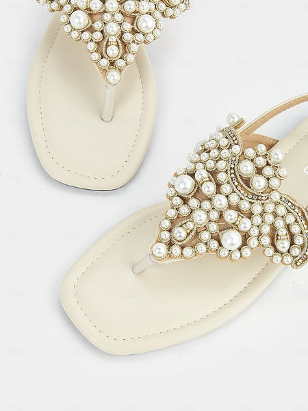 Sandals Pearl-Embellished Women's Elegant – T-Strap Flat FashionChic